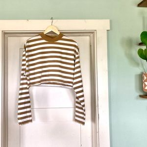 Stripe Tan & White Cropped Long Sleeve Top